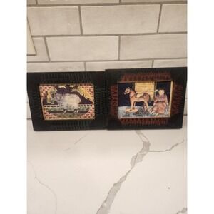 Lot Of 2 Vintage Primitive Country Farmhouse Wood Framed Prints Sheep Horse Doll